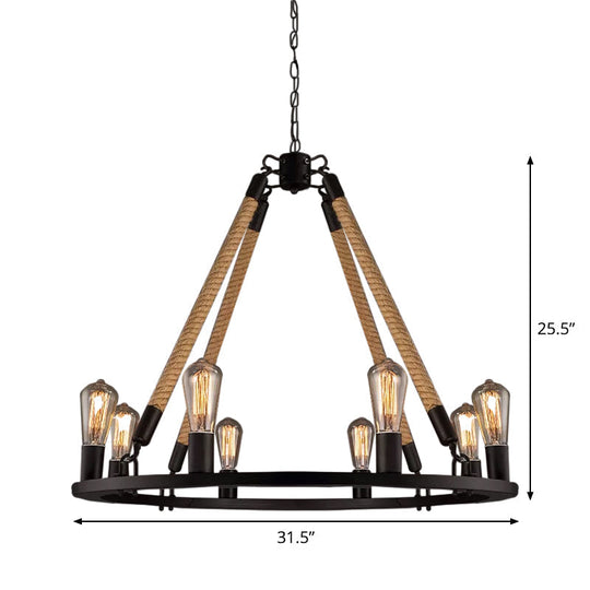 Industrial Hemp Rope Wagon Wheel Chandelier with 6/8 Black Pendant Lights for Living Room Ceiling