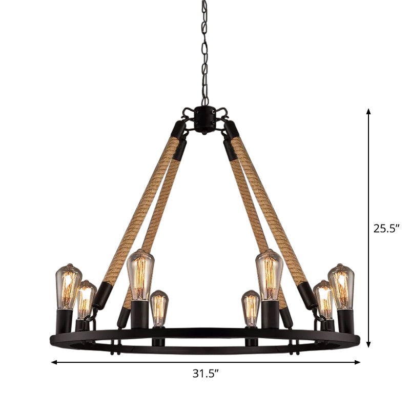 Industrial Hemp Rope Wagon Wheel Chandelier Pendant - Black 6/8 Lights For Living Room Ceiling Hang