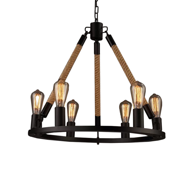 Industrial Hemp Rope Wagon Wheel Chandelier Pendant - Black 6/8 Lights For Living Room Ceiling Hang