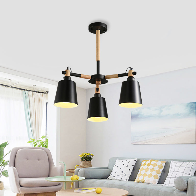 3-Bulb Nordic Hanging Chandelier - Bedroom Tapered Shade Iron And Wood Ceiling Lamp