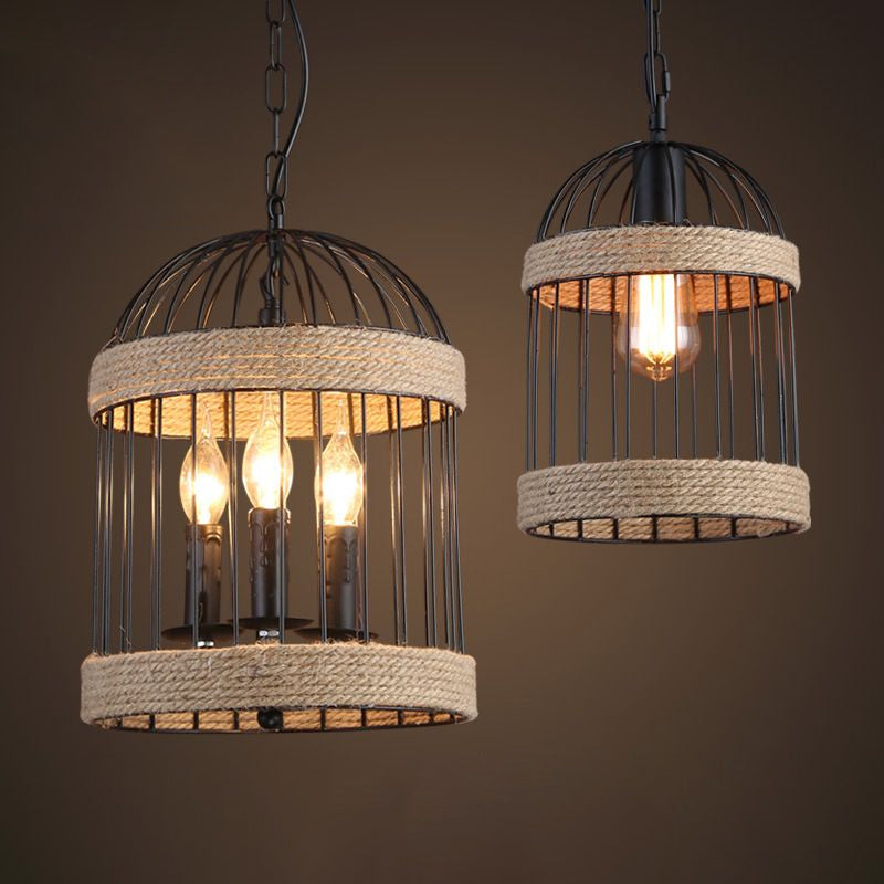 Country Style Brown Roped Cloche Cage Pendant Light With 1 Bulb - Snack Bar Hanging