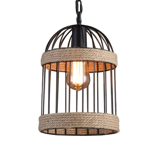 Country Style Brown Roped Cloche Cage Pendant Light With 1 Bulb - Snack Bar Hanging