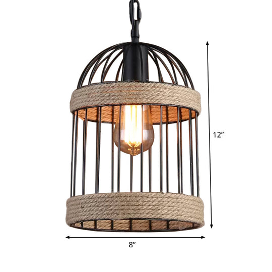 Country Style Brown Roped Cloche Cage Pendant Light With 1 Bulb - Snack Bar Hanging