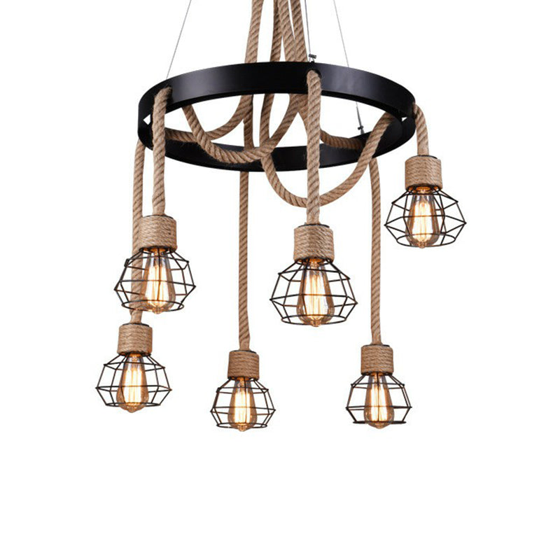 Rustic Hemp Rope Chandelier: Caged Sitting Room Pendant, 6-Light Circular Suspension, Brown