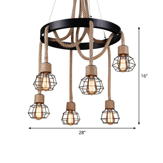 Rustic Hemp Rope Chandelier: Caged Sitting Room Pendant, 6-Light Circular Suspension, Brown