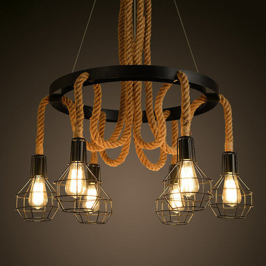 Rustic Iron Pendant Light With Hemp Rope And Cage 6-Bulb Ceiling Chandelier For Restaurants In Brown