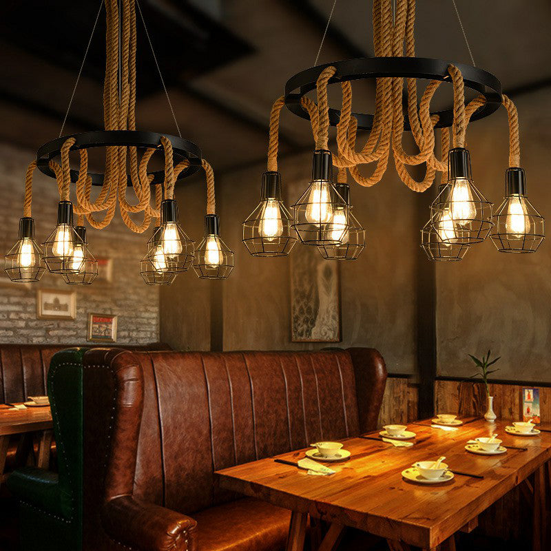 Rustic Iron Pendant Light With Hemp Rope And Cage 6-Bulb Ceiling Chandelier For Restaurants In Brown