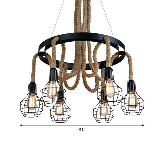 Rustic Iron Pendant Light With Hemp Rope And Cage 6-Bulb Ceiling Chandelier For Restaurants In Brown