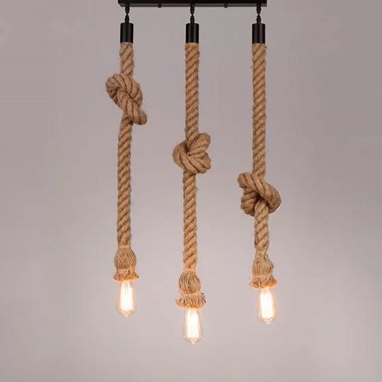 Hanging Rope Knot Pendant Light With 3 Naked Bulbs For Kitchen Bar - 39/59 H Brown Countryside