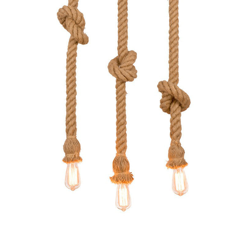 Hanging Rope Knot Pendant Light With 3 Naked Bulbs For Kitchen Bar - 39/59 H Brown Countryside