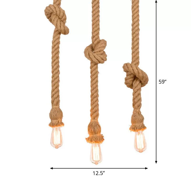 Hanging Rope Knot Pendant Light With 3 Naked Bulbs For Kitchen Bar - 39/59 H Brown Countryside