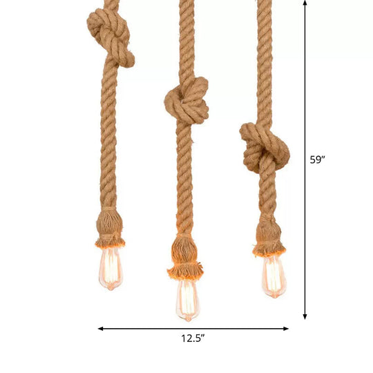 Hanging Rope Knot Pendant Light With 3 Naked Bulbs For Kitchen Bar - 39/59 H Brown Countryside