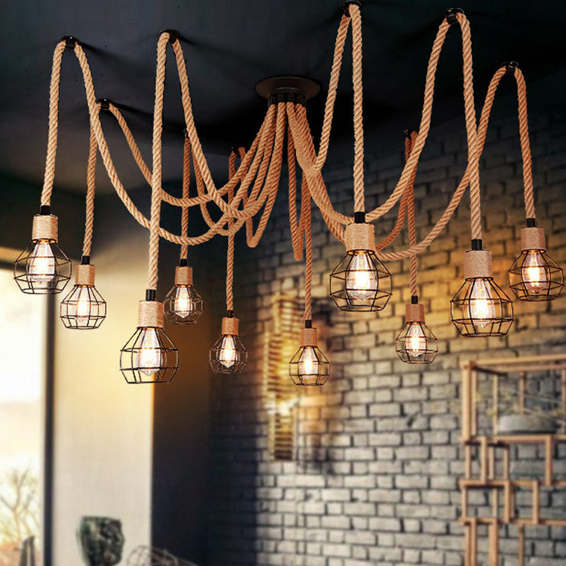 Rustic Rope Pendant Light with Spherical Cage - 6/10 Lights, Brown Bistro Swag Lamp