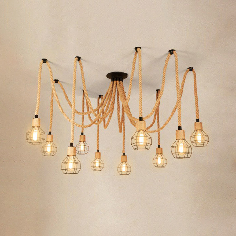 Rustic Rope Pendant Light with Spherical Cage - 6/10 Lights, Brown Bistro Swag Lamp