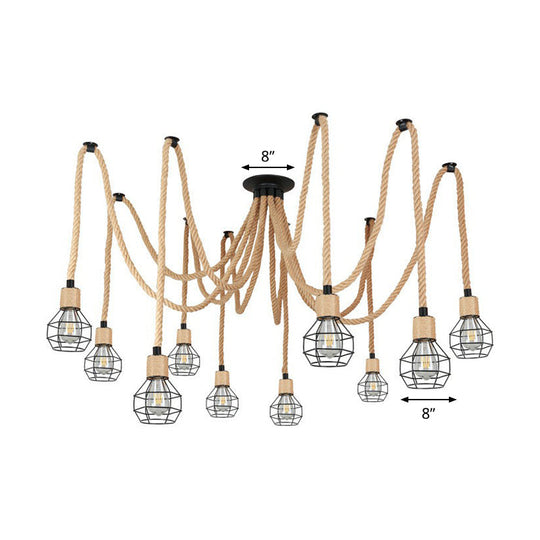 Rustic Rope Pendant Light with Spherical Cage - 6/10 Lights, Brown Bistro Swag Lamp