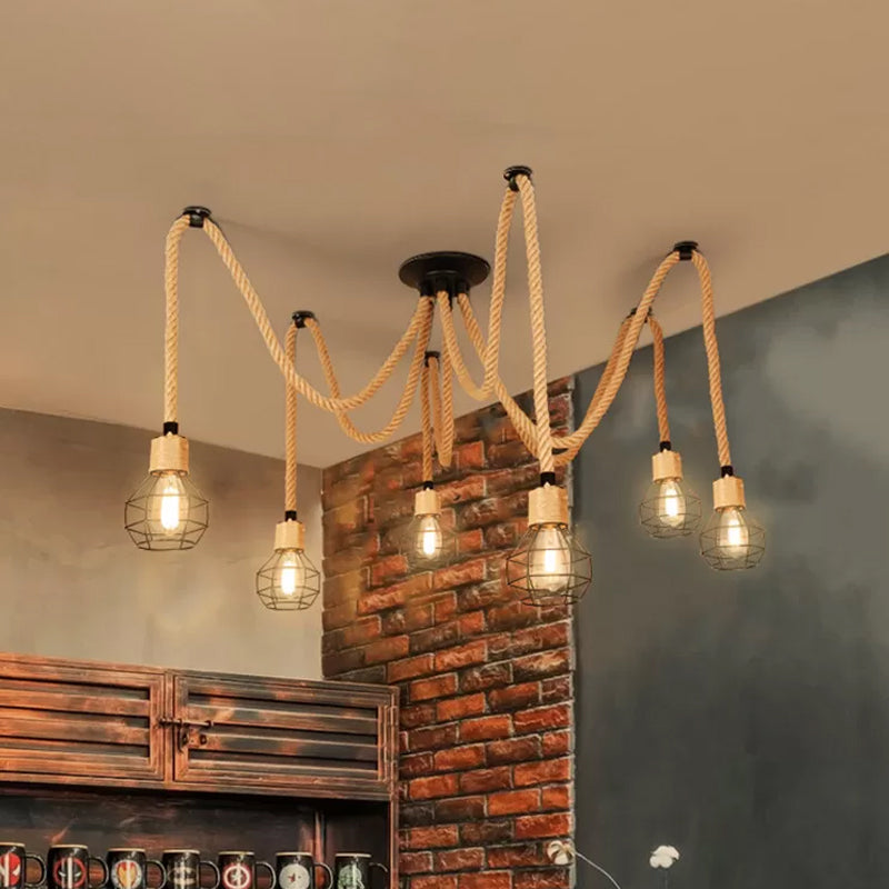 Rustic Rope Pendant Light With Spherical Cage Design - 6/10 Lights Brown Bistro Swag Lamp 6 /