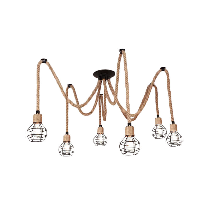 Rustic Rope Pendant Light with Spherical Cage - 6/10 Lights, Brown Bistro Swag Lamp