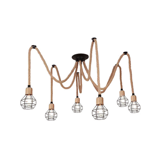 Rustic Rope Pendant Light with Spherical Cage - 6/10 Lights, Brown Bistro Swag Lamp