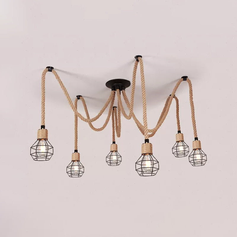 Rustic Rope Pendant Light With Spherical Cage Design - 6/10 Lights Brown Bistro Swag Lamp