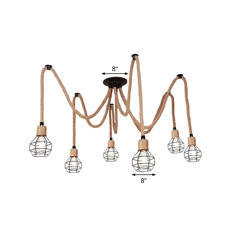 Rustic Rope Pendant Light with Spherical Cage - 6/10 Lights, Brown Bistro Swag Lamp