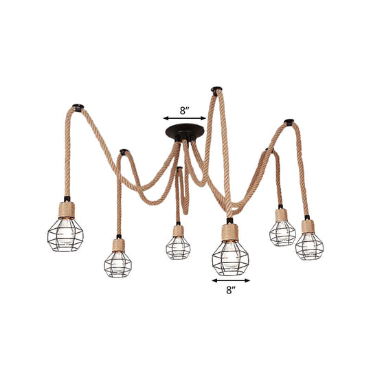 Rustic Rope Pendant Light with Spherical Cage - 6/10 Lights, Brown Bistro Swag Lamp