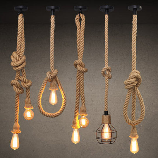 Bare Bulb Design Hemp Rope Ceiling Pendant Light - Brown Knot, Farmhouse Style