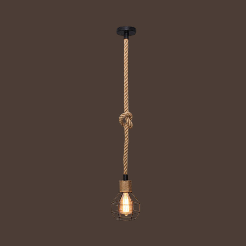 Bare Bulb Design Hemp Rope Ceiling Pendant Light - Brown Knot, Farmhouse Style