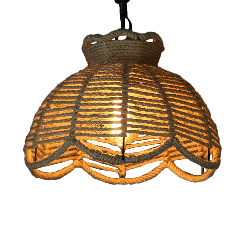 Rustic Scalloped Bowl Pendant Ceiling Lamp with Jute Rope Suspension - Wood Finish - Ideal for Dining Room