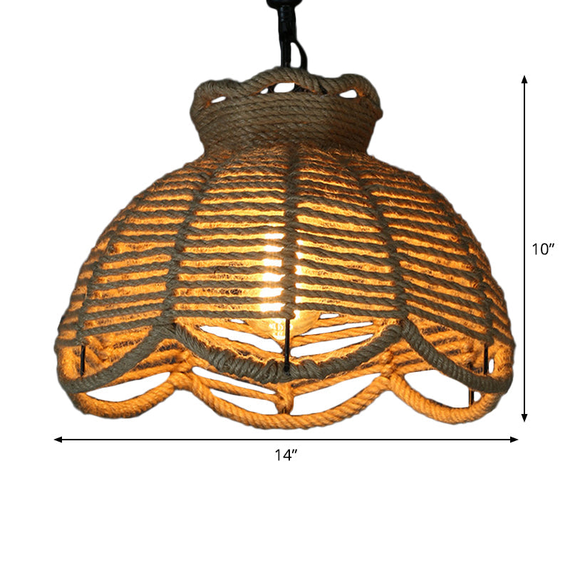 Rustic Scalloped Bowl Pendant Ceiling Lamp with Jute Rope Suspension - Wood Finish - Ideal for Dining Room