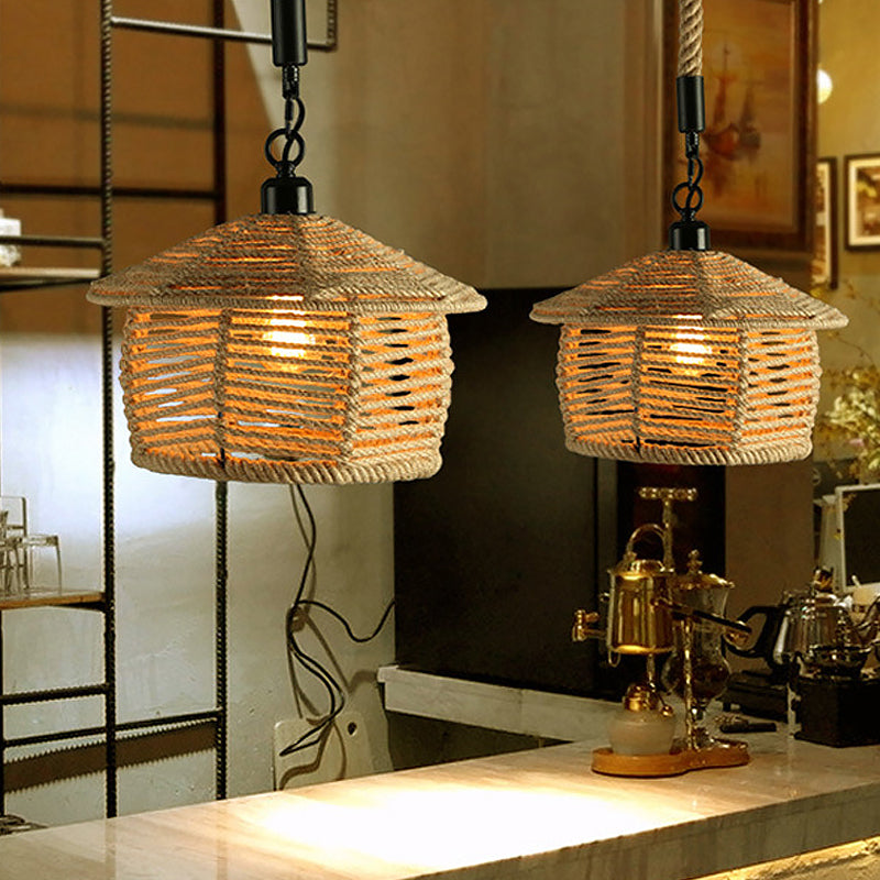 Rustic Scalloped Bowl Pendant Ceiling Lamp with Jute Rope Suspension - Wood Finish - Ideal for Dining Room