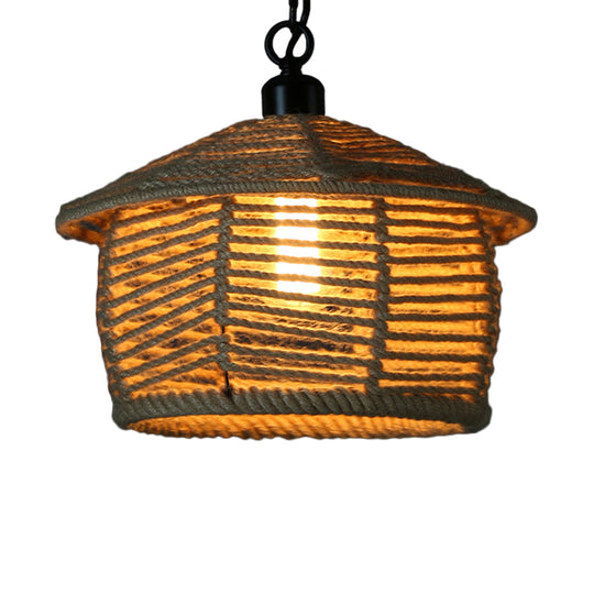 Rustic Scalloped Bowl Pendant Ceiling Lamp with Jute Rope Suspension - Wood Finish - Ideal for Dining Room