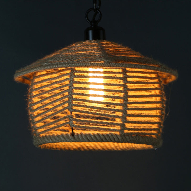 Rustic Scalloped Bowl Pendant Ceiling Lamp with Jute Rope Suspension - Wood Finish - Ideal for Dining Room