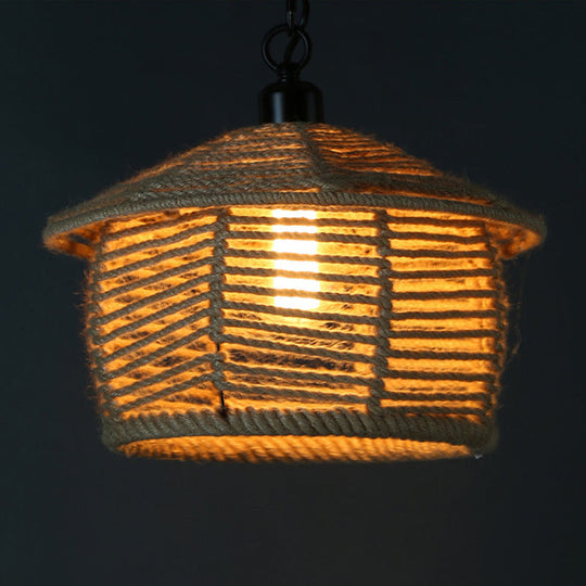 Rustic Scalloped Bowl Pendant Ceiling Lamp with Jute Rope Suspension - Wood Finish - Ideal for Dining Room