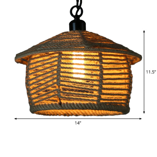 Rustic Scalloped Bowl Pendant Ceiling Lamp with Jute Rope Suspension - Wood Finish - Ideal for Dining Room