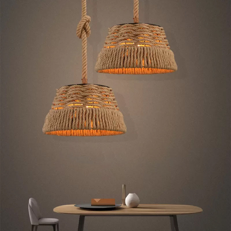 Rustic Hand-Weaved Tapered Pendant Light - Brown Finish