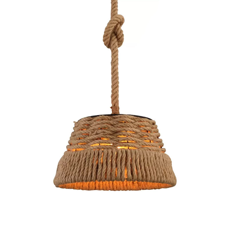 Rustic Hand-Weaving Rope Tapered Pendant in Brown for Country Club Ceiling Hang Light with 1 Bulb