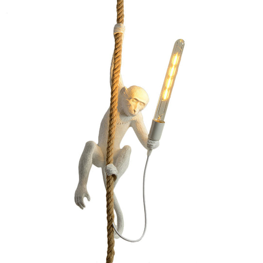 Novelty Lodge Pendant Light with Resin Monkey Pendulum - 1 Head, Gold/Black/White - Ideal for Restaurants - Rope Cord