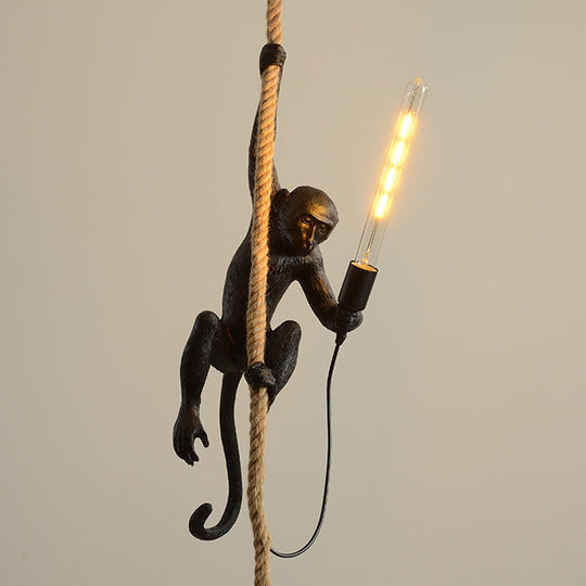 Novelty Lodge Pendant Light with Resin Monkey Pendulum - 1 Head, Gold/Black/White - Ideal for Restaurants - Rope Cord