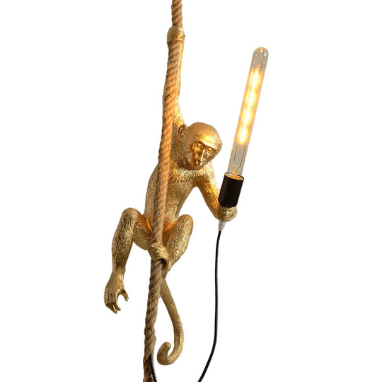 Monkey Pendulum Resin Light - Unique Lodge Pendant For Restaurants In Gold/Black/White With Rope