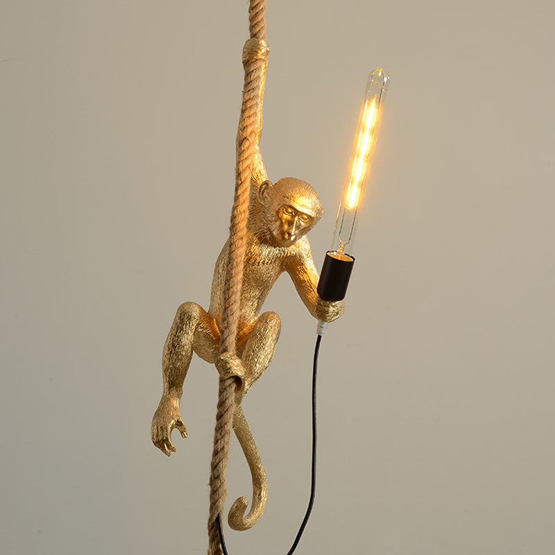 Novelty Lodge Pendant Light with Resin Monkey Pendulum - 1 Head, Gold/Black/White - Ideal for Restaurants - Rope Cord