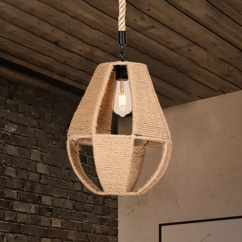 Hand-Woven Rope Pendant Light: Teardrop Shape Farmhouse Design Brown Shade