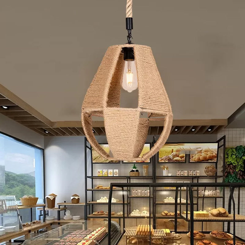 Hand-Woven Rope Pendant Light: Teardrop Shape Farmhouse Design Brown Shade