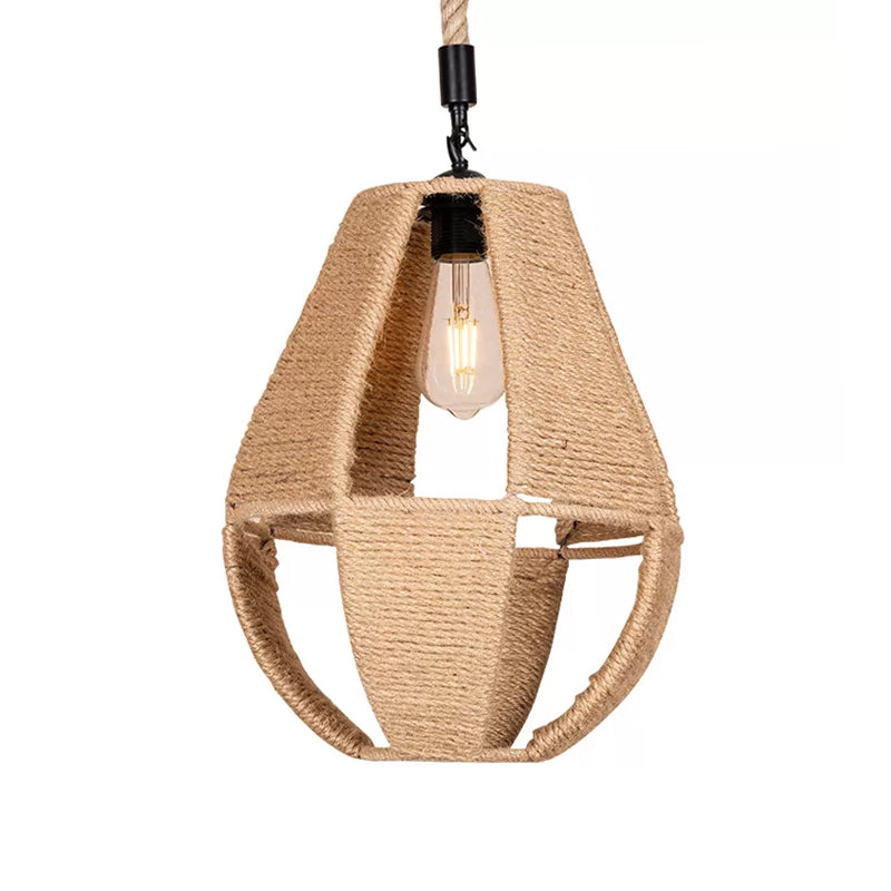 Hand-Woven Rope Pendant Light: Teardrop Shape Farmhouse Design Brown Shade