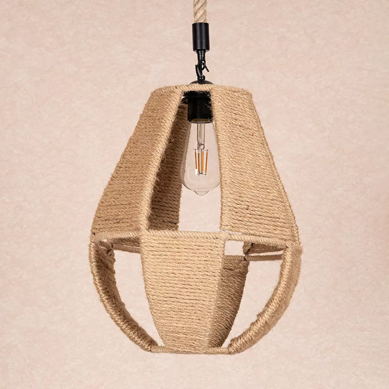 Hand-Woven Rope Pendant Light: Teardrop Shape Farmhouse Design Brown Shade