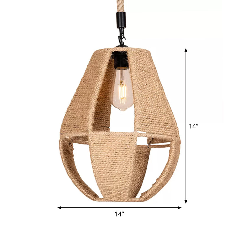 Hand-Woven Rope Pendant Light: Teardrop Shape Farmhouse Design Brown Shade