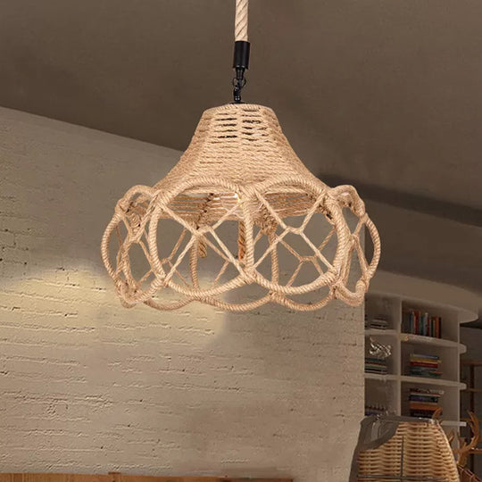 Hand-Knit Hemp Rope Floral Pendant Light - Brown Lodge Single-Bulb Fixture