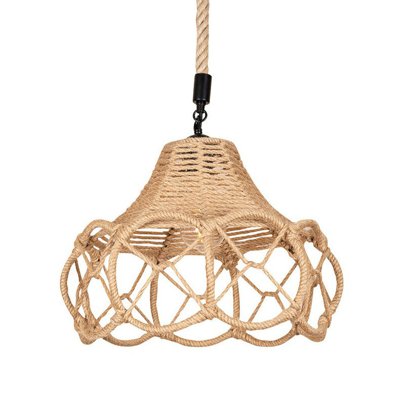 Hand-Knit Hemp Rope Floral Pendant Light - Brown Lodge Single-Bulb Fixture