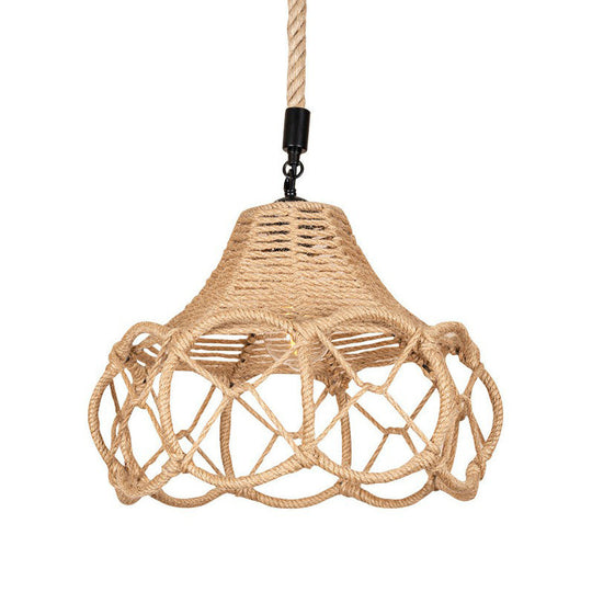 Hand-Knit Hemp Rope Floral Pendant Light - Brown Lodge Single-Bulb Fixture