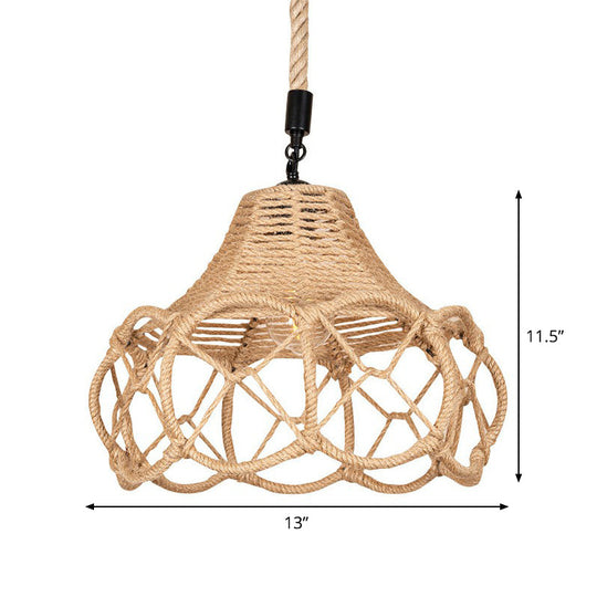 Hand-Knit Hemp Rope Floral Pendant Light - Brown Lodge Single-Bulb Fixture