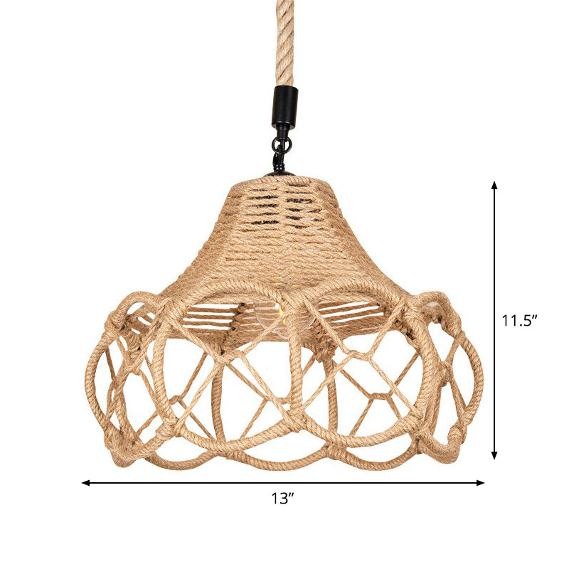 Hand-Knit Floral Pendant Light Fixture With Lodge Brown Hemp Rope